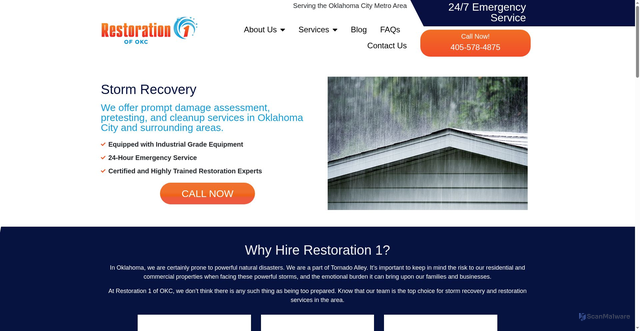 Security scan screenshot of https://restoration1ofoklahomacity.com/service/storm-damage-recovery/