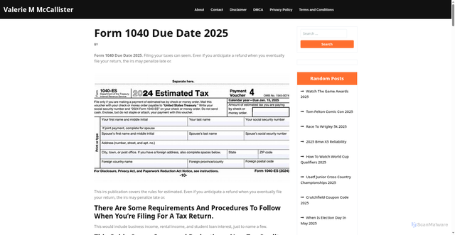 Security scan screenshot of https://valeriemmccallisterp.pages.dev/klkpi-form-1040-due-date-2025-ttafh/