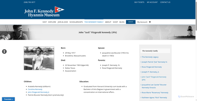 Security scan screenshot of https://jfkhyannismuseum.org/john-f-kennedy/