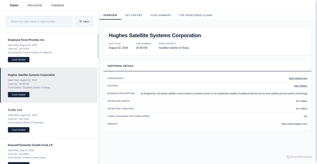 Security scan screenshot of https://app.bondoro.com/preview/cases/Hughes_Satellite_Systems_Corporation