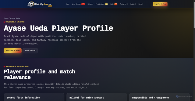 Security scan screenshot of https://worldcuplive.ph/player/ayase-ueda-japan/