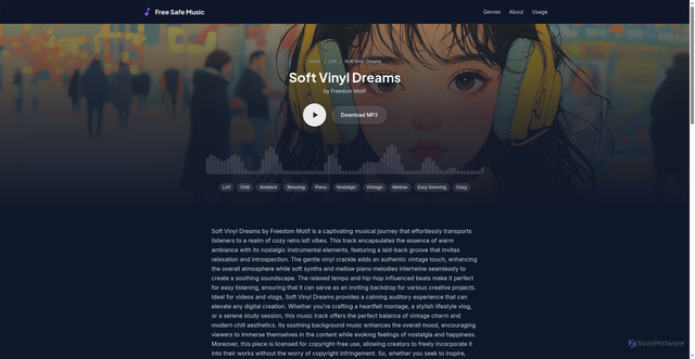 Security scan screenshot of https://freesafemusic.pages.dev/tracks/soft-vinyl-dreams/
