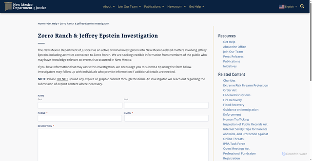 Security scan screenshot of https://nmdoj.gov/get-help/epstein-zorro-tips/