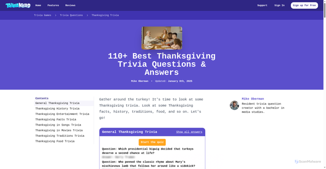 Security scan screenshot of https://www.trivianerd.com/topic/thanksgiving-trivia