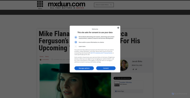 Security scan screenshot of https://movies.mxdwn.com/news/mike-flanagan-teases-rebecca-fergusons-possible-casting-for-his-upcoming-exorcist-reboot/