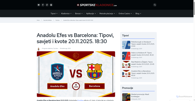 Security scan screenshot of https://sportske-kladionice.com/anadolu-efes-vs-barcelona-tipovi-savjeti-i-kvote-20-11-2025-1830/