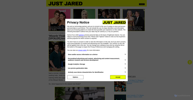 Security scan screenshot of https://www.justjared.com/2025/10/08/wizards-finale-shocker-selena-gomez-gets-spoiler-amid-major-twist-in-disney-channel-series/