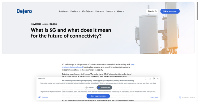 Security scan screenshot of https://www.dejero.com/blog/what-is-5g-and-what-does-it-mean-for-the-future-of-connectivity/