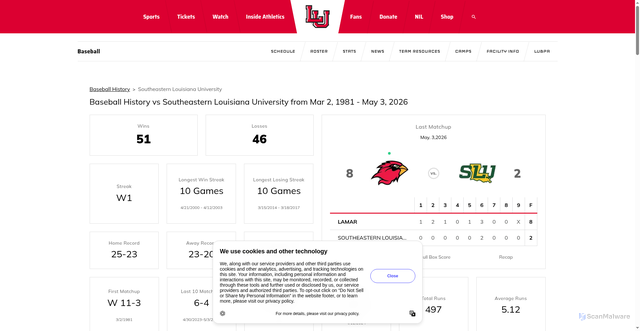 Security scan screenshot of https://lamarcardinals.com/sports/baseball/opponent-history/southeastern-louisiana-university/17