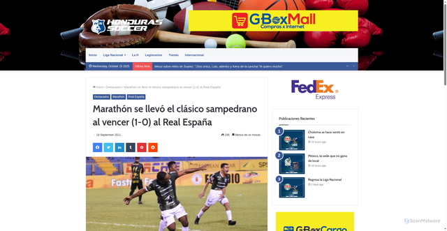 Security scan screenshot of https://hondurassoccer.com/marathon-se-llevo-el-clasico-sampedrano-al-vencer-1-0-al-real-espana/