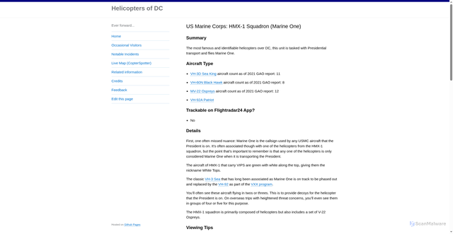 Security scan screenshot of https://helicoptersofdc.com/helicopters/1-us-marine-corps-hmx-1-squadron/