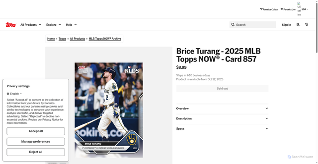 Security scan screenshot of https://www.topps.com/products/brice-turang-2025-mlb-topps-now%C2%AE-card-857