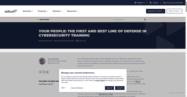 Security scan screenshot of https://www.skillsoft.com/blog/your-people-the-first-and-best-line-of-defense-in-cybersecurity-training