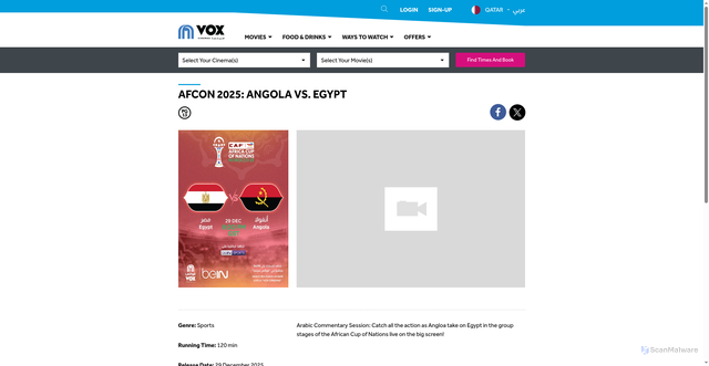 Security scan screenshot of https://qat.voxcinemas.com/movies/afcon-2025-angola-vs-egypt-arabic