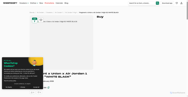 Security scan screenshot of https://www.whentocop.com/drops/fragment-union-air-jordan-1-high-og-white-black-ii7282-100