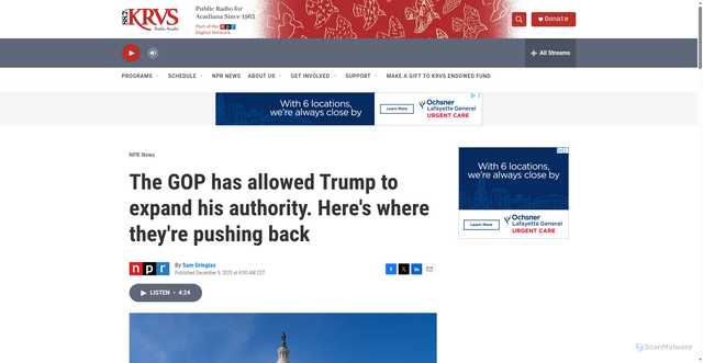 Security scan screenshot of https://www.krvs.org/npr-news/2025-12-09/the-gop-has-allowed-trump-to-expand-his-authority-heres-where-theyre-pushing-back