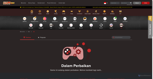 Security scan screenshot of https://haha388lucky.com/games/slot/jili