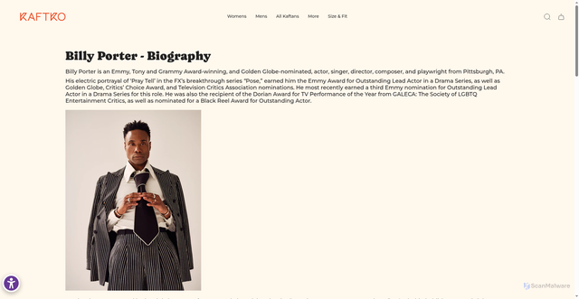 Security scan screenshot of https://kaftko.com/pages/billy-porter-biography?srsltid=AfmBOooZaqQ3Z9YzWHnFoL7d6ALg-DrKEEEupht46w_Vf751YCNxUvnT