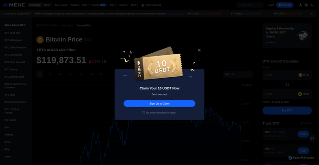 Security scan screenshot of https://www.mexc.com/price/BTC