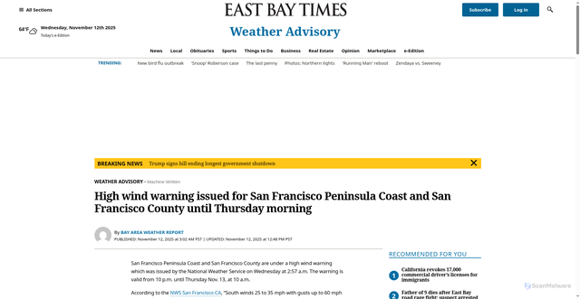 Security scan screenshot of https://www.eastbaytimes.com/2025/11/12/high-wind-warning-issued-for-san-francisco-peninsula-coast-and-san-francisco-county-until-thursday-morning/
