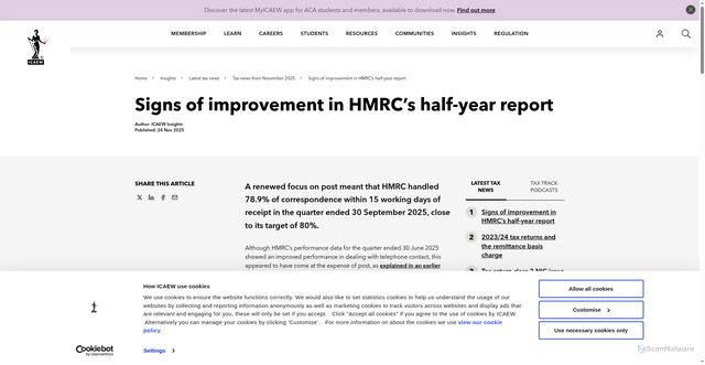 Security scan screenshot of https://www.icaew.com/insights/tax-news/2025/nov-2025/signs-of-improvement-in-hmrcs-half-year-report