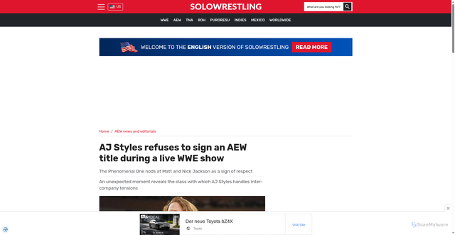 Security scan screenshot of https://solowrestling.com/us/new/146409-aj-styles-refuses-to-sign-an-aew-title-during-a-live-wwe-show