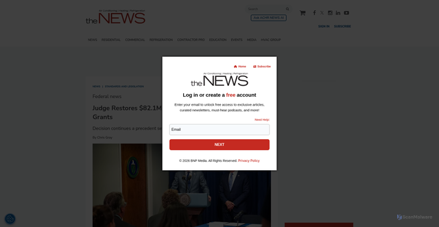 Security scan screenshot of https://www.achrnews.com/articles/166345-judge-restores-821m-in-cancelled-doe-clean-energy-grants
