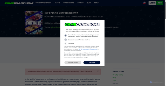 Security scan screenshot of https://www.gamechampions.com/en/server-status/fortnite/
