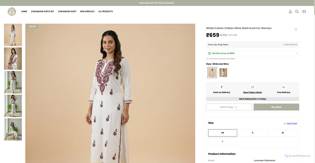 Security scan screenshot of https://pkzlucknawichikan.com/White-Cotton-Chikan-Wine-Work-Kurti-For-Women/catalogue/4hP7GdPl/u6kcEPL9