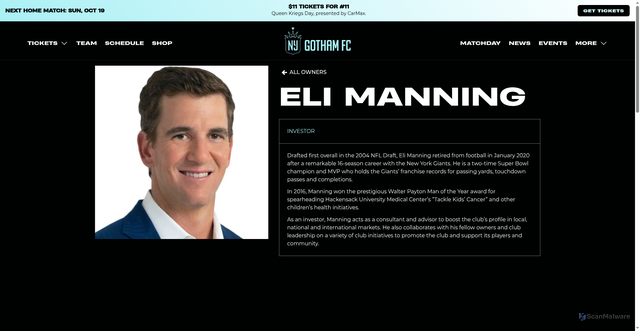 Security scan screenshot of https://www.gothamfc.com/ownership/eli-manning