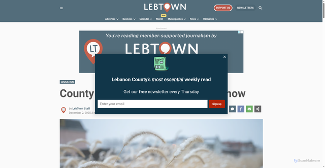Security scan screenshot of https://lebtown.com/2025/12/02/2-hour-delays-for-all-county-schools/