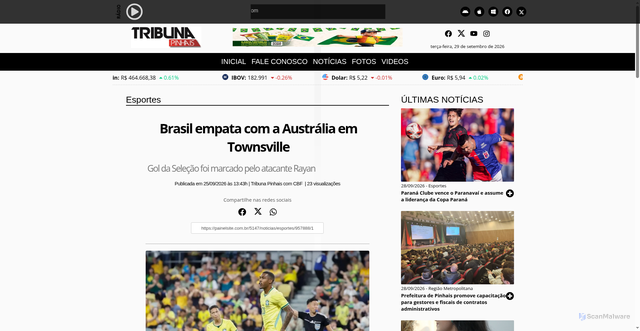 Security scan screenshot of https://painelsite.com.br/5147/noticias/esportes/957888-brasil-empata-com-a-australia-em-townsville