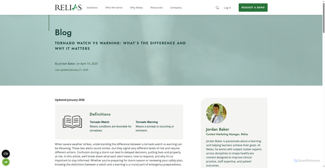 Security scan screenshot of https://www.relias.com/blog/tornado-watch-vs-warning