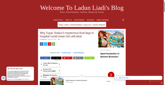 Security scan screenshot of https://ladunliadinews.com/why-tupac-shakurs-mysterious-final-days/