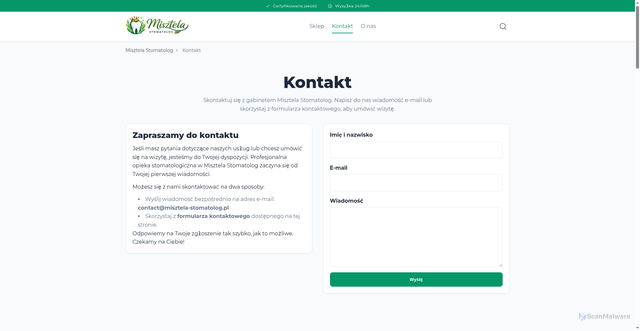 Security scan screenshot of https://misztela-stomatolog-pl.pages.dev/kontakt.html/