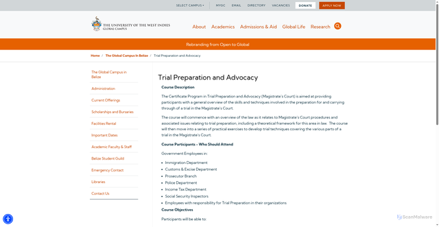 Security scan screenshot of http://global.uwi.edu/belize/trial-preparation-and-advocacy