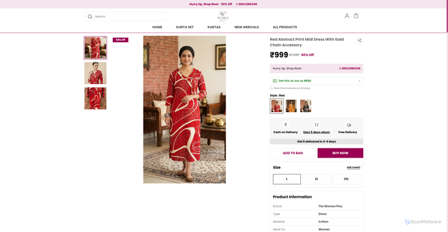 Security scan screenshot of https://thewomenplus.com/Red-Abstract-Print-Midi-Dress-With-Gold-Chain-Accessory/catalogue/TsyIC4W5/daQony0j
