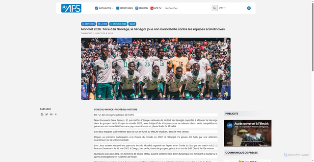 Security scan screenshot of https://aps.sn/mondial-2026-face-a-la-norvege-le-senegal-joue-son-invincibilite-contre-les-equipes-scandinaves/