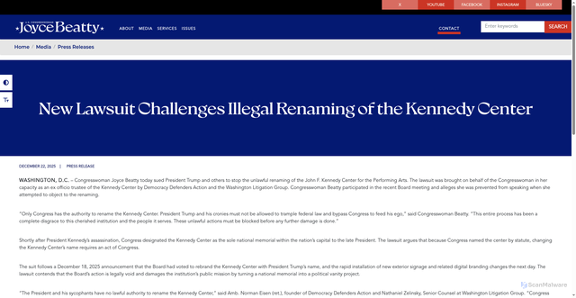 Security scan screenshot of http://beatty.house.gov/media-center/press-releases/new-lawsuit-challenges-illegal-renaming-of-the-kennedy-center