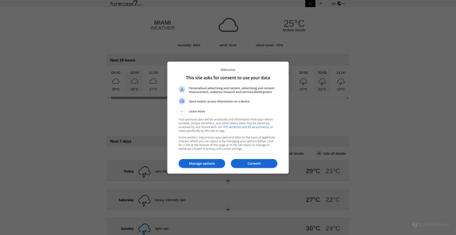 Security scan screenshot of https://forecast7.com/en/25d76n80d19/miami/