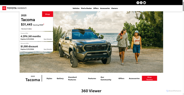 Security scan screenshot of https://www.toyotahawaii.com/2025Tacoma.html