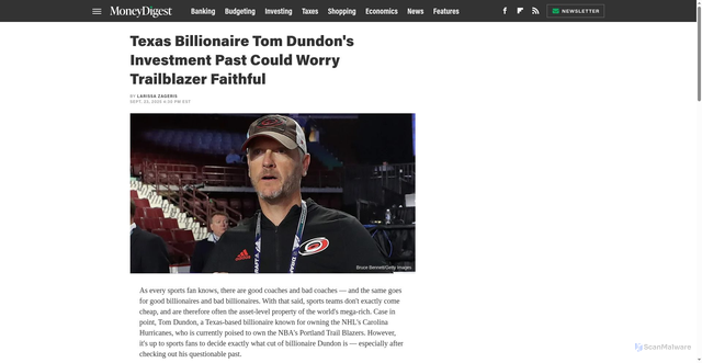 Security scan screenshot of https://www.moneydigest.com/1976886/texas-billionaire-tom-dundon-has-questionable-past/