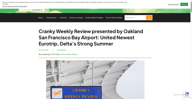 Security scan screenshot of https://crankyflier.com/2025/10/10/cranky-weekly-review-presented-by-oakland-san-francisco-bay-airport-united-newest-eurotrip-deltas-strong-summer/