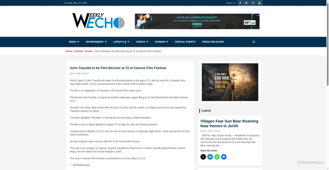Security scan screenshot of https://www.weekly-echo.com/john-travolta-to-be-film-director-at-72-at-cannes-film-festival/