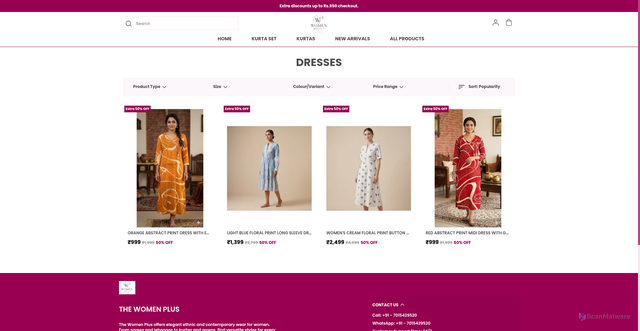 Security scan screenshot of https://thewomenplus.com/DRESSES/collection/ln6YQ6mX