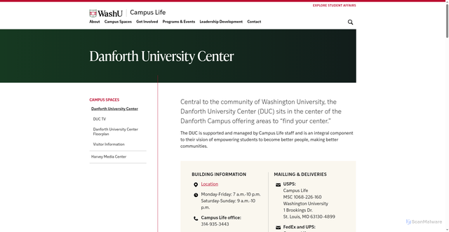 Security scan screenshot of https://campuslife.washu.edu/campus-spaces/danforth-university-center/