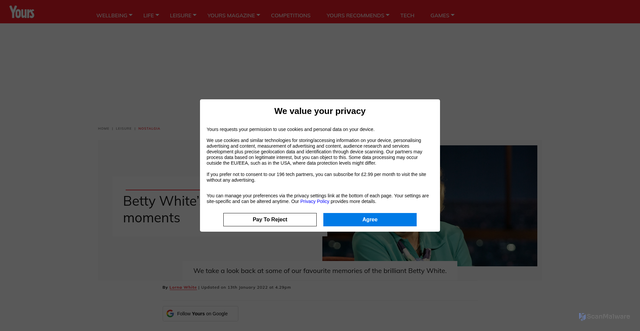 Security scan screenshot of https://www.yours.co.uk/leisure/nostalgia/betty-white/