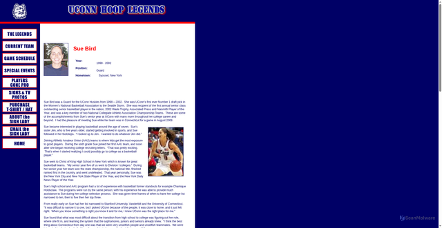 Security scan screenshot of http://www.uconnhooplegends.com/womensledgends/BirdSue.html