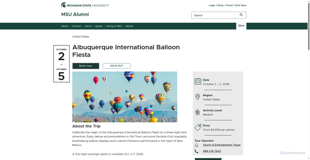 Security scan screenshot of https://alumni.msu.edu/connect/travel/find-a-trip/2026/albuquerque-balloon-fiesta