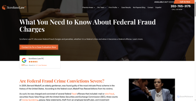 Security scan screenshot of https://www.scrofanolaw.com/federal-fraud-charges/